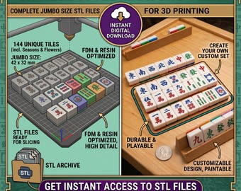 Archivos STL de fichas de Mahjong chino, tamaño jumbo, juego de 144 fichas, descarga digital para impresión 3D, accesibilidad para personas con baja visión.