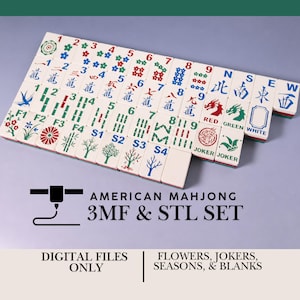 Puede incluir: Un conjunto de fichas de Mahjong blancas con diseños grabados en rojo, azul y verde, incluyendo números, caracteres, flores, estaciones, dragones y comodines. El texto AMERICAN MAHJONG 3MF & STL SET, DIGITAL FILES ONLY, FLOWERS, JOKERS, SEASONS, & BLANKS es visible.
