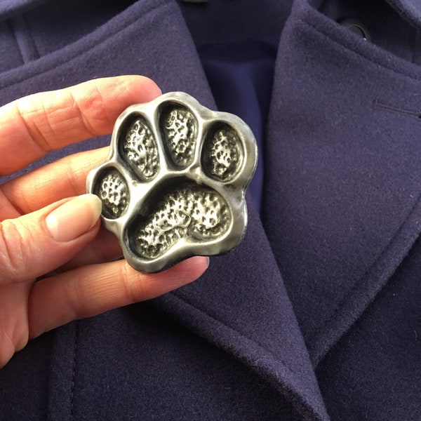 Paw Print Dog Brooch Hand Made In Cold Cast Pewter Or Bronze. Stylish Birthday Gift For Dog Owners. More Details Below