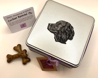 Boîte de rangement pour friandises pour cocker spaniel anglais avec tête de chien en bronze, étain ou cuivre, cadeau parfait pour les propriétaires de chien ou boîte souvenir de perte d'animal de compagnie. Cliquez pour plus de détails