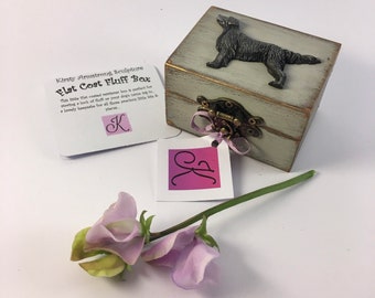 Petite boîte à peluches souvenir pour retriever à poil plat en bois ou cadeau pour chien avec fourrure plate en étain ou cuivre sur le couvercle. Boîte souvenir en fourrure de chien