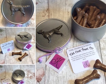 Flat Coated Retriever Treat Tin or Dog loss Keepsake with a Metal Dog Sculpture on the Lid. Click For More Details