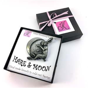 Hare And Moon Brooch In Cold-Cast Pewter Or Bronze. Handmade And Attractively Gift Boxed. Perfect Animal Lover Gift. Click For More Details