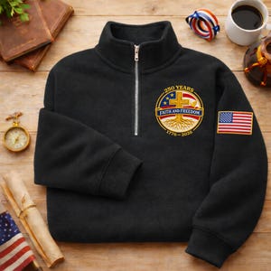 May include: Black quarter-zip sweatshirt with a high collar and a silver zipper. The sweatshirt features a patch with a cross, stars, and the text "Faith and Freedom" and an American flag patch. The text "250 Years 1776-2026" is also visible.