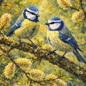Può includere: Dipinto a olio raffigurante due cinciallegre blu e gialle appollaiate su un ramo. Gli uccelli hanno la testa e le ali blu e il corpo giallo. Lo sfondo mostra foglie e fiori gialli e verdi, dipinti in stile impressionista.