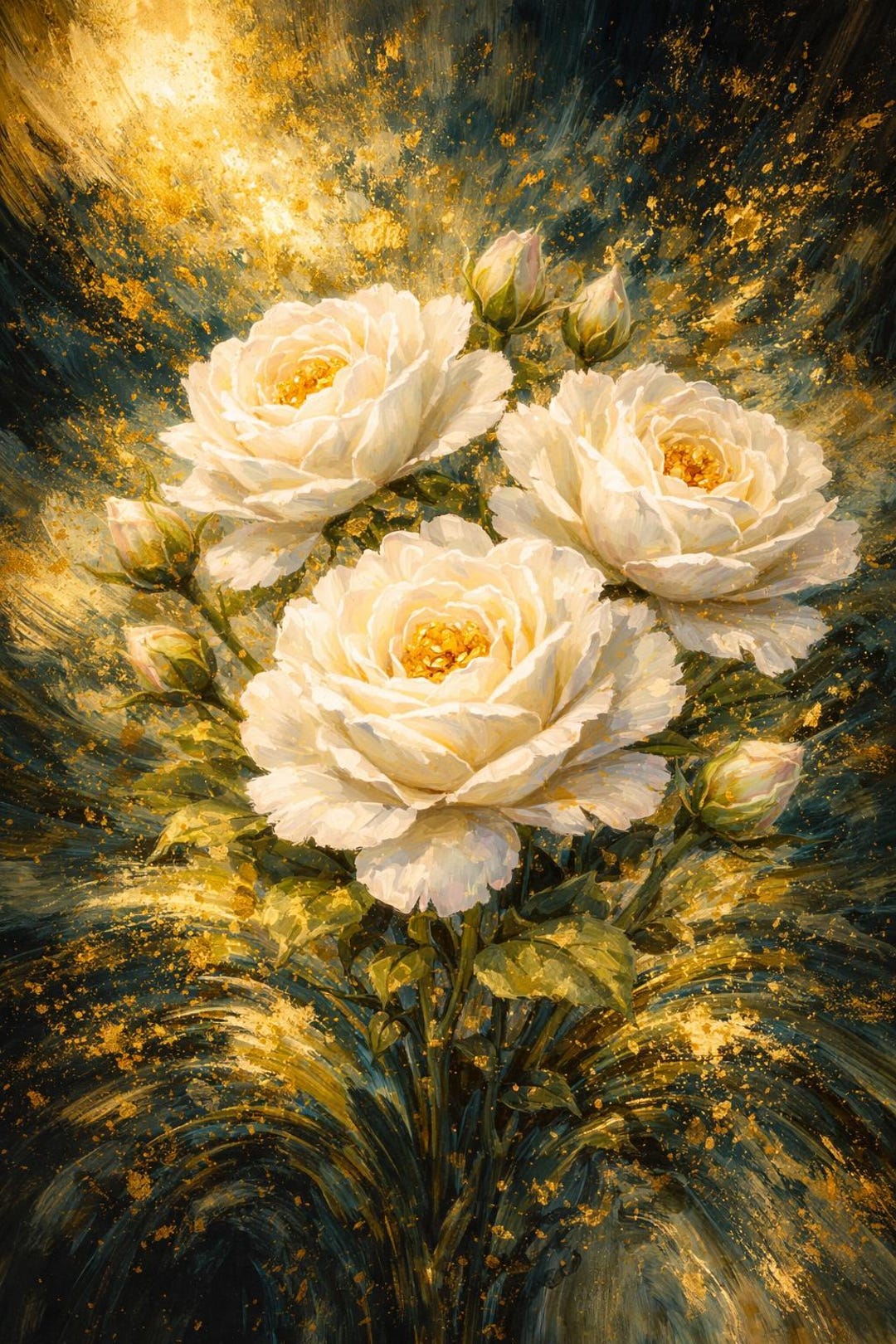 Modern White Roses Luminous Elegant Modern White Roses Gold Accent Floral Art Digital ...