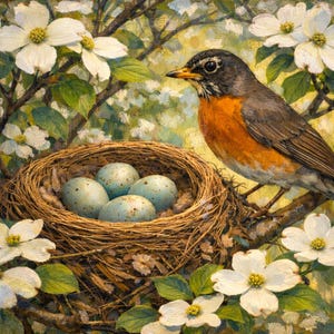 May include: A detailed painting of a robin perched near its nest. The nest contains four speckled blue eggs. White dogwood flowers and green leaves surround the bird and nest. The robin has a brown back, orange breast, and black head.