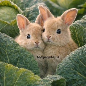 Bébés lapins, chou potager, illustration neutre pour chambre d'enfant à télécharger numérique