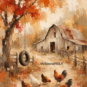 Poules sur un chemin de grange rustique - Art abstrait doux à télécharger