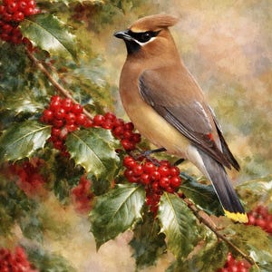 May include: A detailed painting of a bird perched on a holly branch. The bird has brown and tan feathers with a black mask and crest. Bright red berries and green leaves are also visible.