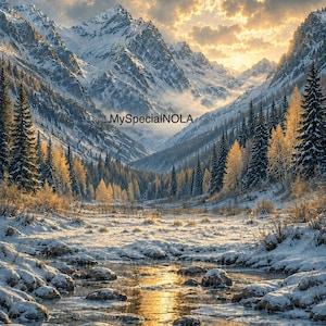 Op de afbeelding: Een besneeuwd berglandschap met een stromende beek en rotsen op de voorgrond, omringd door groenblijvende en goudkleurige bomen, met besneeuwde toppen onder een zonsonderganghemel. De tekst MySpecialNOLA is zichtbaar in het midden.