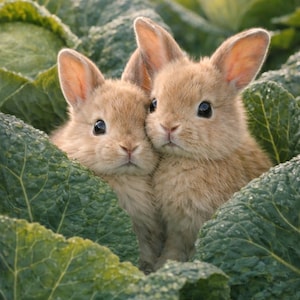 Puede incluir: Dos adorables conejos de color marrón claro, acurrucados entre grandes hojas verdes. Los conejos tienen ojos oscuros y orejas largas, integrándose en el entorno natural. La imagen captura un momento de paz y belleza natural.