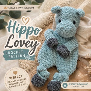 May include: A light blue crochet hippo lovey with gray accents on the feet and hands. The image includes text that reads "Hippo Lovey Crochet Pattern" and "Instant Download PDF Pattern". The hippo is on a wooden surface.