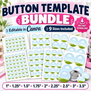 Peut inclure: Un ensemble de modèles de boutons numériques avec le texte BUTTON TEMPLATE BUNDLE, Editable in Canva, 9 Sizes Included et INSTANT DOWNLOAD. Les feuilles présentent plusieurs motifs circulaires de collines vertes sous un ciel bleu.