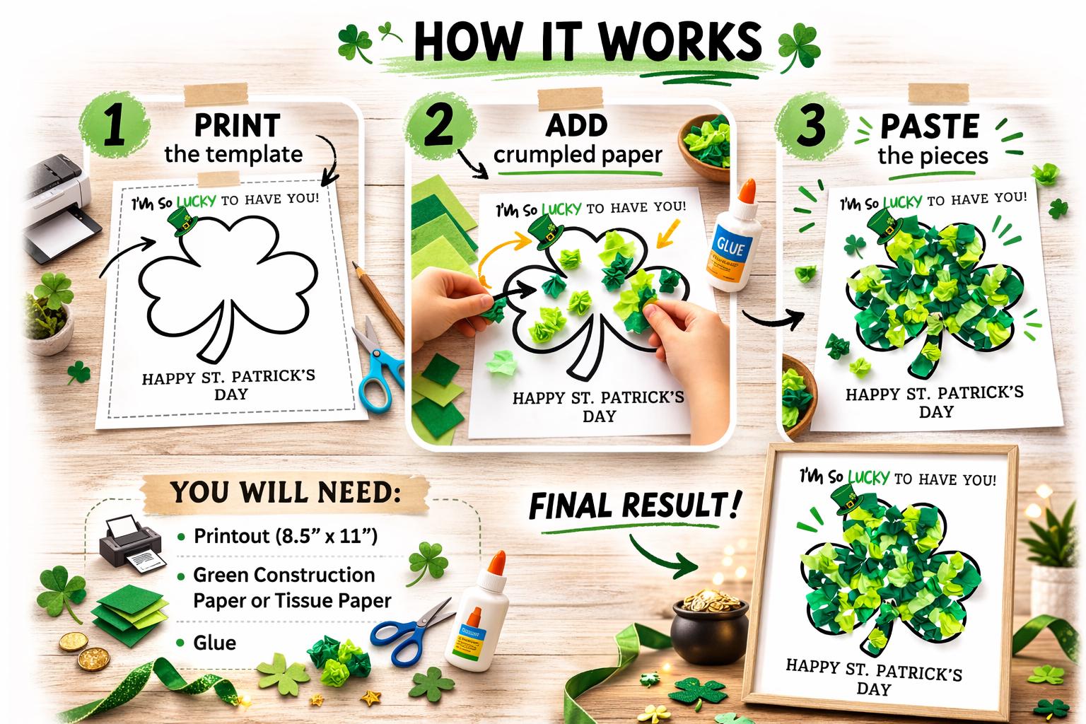 St Patrick’s Day Tissue Paper Craft Printable, Shamrock Craft for ...
