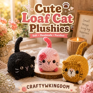 May include: Three round crochet cat plushies in black, pink, and mustard yellow, each featuring a small tail, embroidered facial details, and plastic eyes. The text "Cute Loaf Cat Plushies" and "CRAFTYWKINGDOM" is displayed in the image.