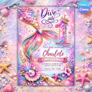 Editable Mermaid Birthday Invitation Template | Dive Into Invite | Under the Sea Girl Birthday Party | Canva Editable | Ages 1–10 Invitation