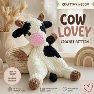 Puede incluir: Un arrullo de vaca tejido a ganchillo en blanco, negro y marrón, con un hocico rosa. La vaca está tumbada. La imagen incluye el texto "Cow Lovey Crochet Pattern" y "Easy to Follow, Beginner Friendly".