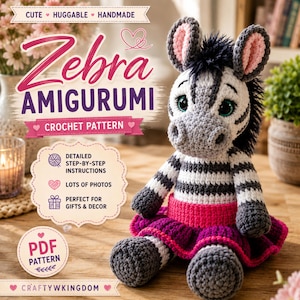 Puede incluir: Un juguete amigurumi de cebra tejido a ganchillo con rayas blancas y negras, crin negra, orejas rosadas y una falda de color rosa brillante. La imagen incluye el texto: Zebra Amigurumi Crochet Pattern, Detailed Step-by-Step Instructions.