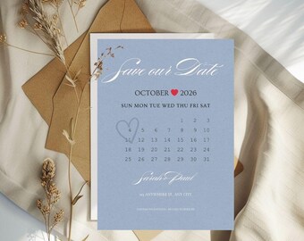 Plantilla de calendario "Something Blue" para guardar la fecha, boda moderna (Canva editable, descarga instantánea, 5x7)