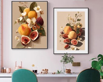 Warm Peach and Fig Fruit Illustration Print, Rustic Farmhouse Kitchen Art (Digital Download)
