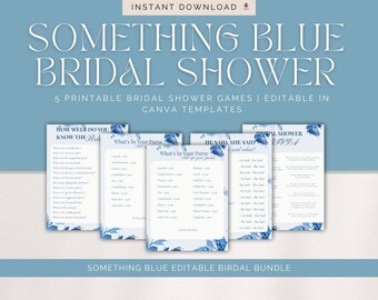 Paquete de juegos para despedida de soltera Something Blue, diseño floral en acuarela (Canva editable, descarga digital)