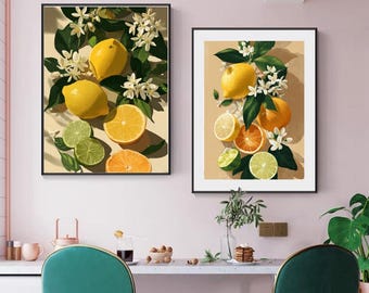 Citrus Fruit Kitchen Art Print, Colorful Orange Lemon Artwork (Digital Download)