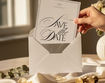 Plantilla de invitación de boda con caligrafía, elegante diseño para guardar la fecha, editable en Canva (descarga digital)