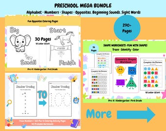 Preschool Learning Bundle Printable | Alphabet, Number Tracing, Shapes & Opposites Worksheets | PreK Kindergarten Homeschool Mega Pack PDF