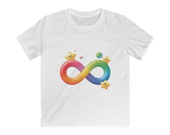 Rainbow Infinity Symbol Kids Tee | Smiling Stars, Playful Space Theme