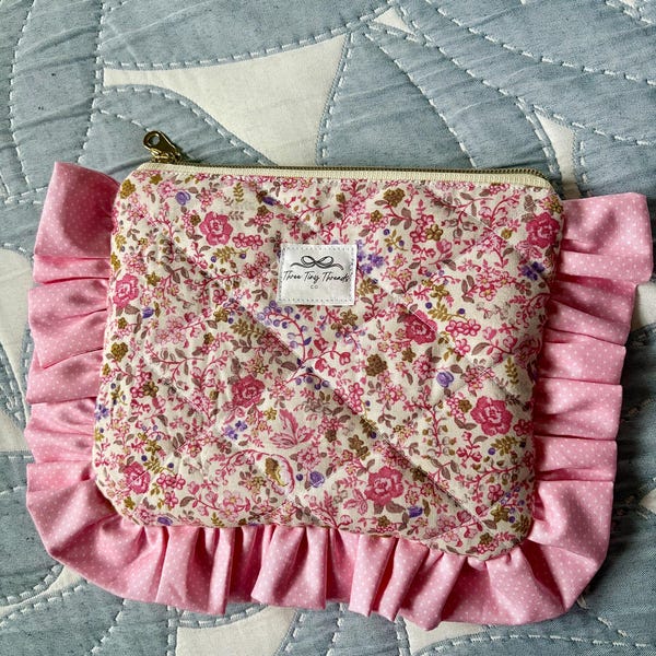Handmade Quilted Makeup Pouch | Ruffled Zipper Cosmetic Bag