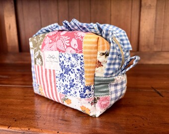 Floral Quilted Ruffle Makeup Bag | Handmade Cotton Boxy Cosmetic Bag
