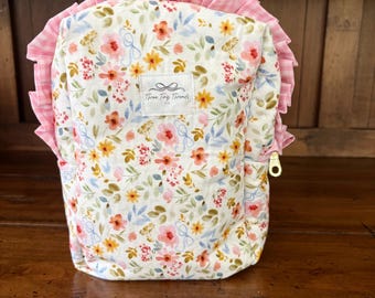 Large Quilted Floral Makeup Bag with Ruffles | Cotton Cosmetic Bag