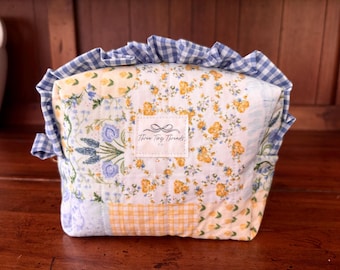 Quilted Ruffle Makeup Bag | Handmade Cotton Boxy Cosmetic Bag