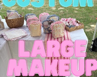 Op maat gemaakte gewatteerde make-uptas met ruches | Katoenen make-uptasje, girly zakje met rits