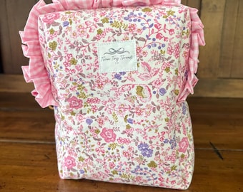 Large Quilted Ruffle Makeup Bag | Cotton Floral Cosmetic Organizer