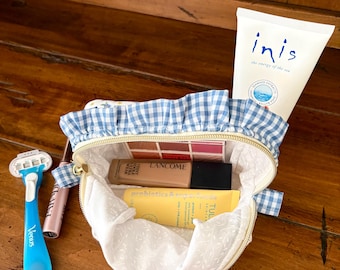 Floral Quilted Ruffle Makeup Bag | Handmade Cotton Boxy Cosmetic Bag