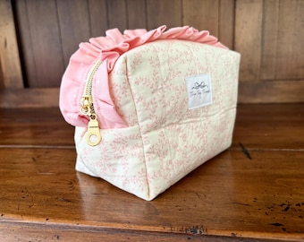 Floral Quilted Ruffle Makeup Bag | Handmade Cotton Boxy Cosmetic Bag