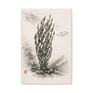 May include: Monochrome artwork of a stylized seaweed plant. The plant's leaves are intricately woven, rising from a rocky base. A few fish swim in the background. A red Japanese seal is in the lower left corner.