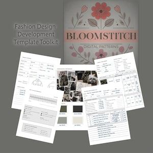 Könnte beinhalten: Ein Fashion Design Development Template Toolkit von Bloomstitch Digital Patterns mit mehreren gedruckten Seiten, Projektübersichtsformularen, Moodboards, Stoffbibliotheken und einem sichtbaren Lineal zur Skalierung in Zoll und Zentimetern.