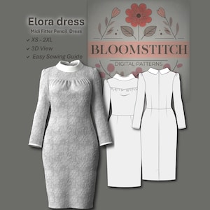 PDF Sewing Pattern, Midi Fitted  Pencil Dress with Kick Pleat, 3D Review, Sizes XS-XXL