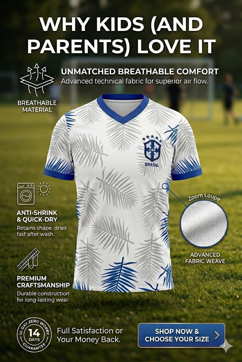 May include: White and blue soccer jersey with a palm leaf design. The jersey has a V-neck and blue trim. The text "BRASIL" is visible on the jersey. The jersey is made of breathable material and is anti-shrink and quick-dry.