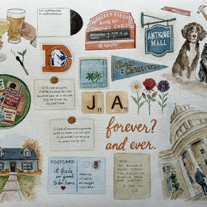May include: A watercolor collage featuring various illustrations including a Wrigley Field sign, a dog and cat, a house, a capitol building, Scrabble tiles with the letters J and A, handwritten notes, a postcard, and drinks, with the text forever? and ever.