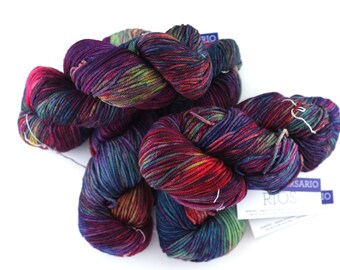 Malabrigo Rios in color Aniversario, Merino Wool Worsted Weight Superwash Knitting Yarn, red, purple, blue, #005