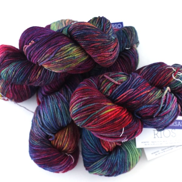 Malabrigo Rios in color Aniversario, Merino Wool Worsted Weight Superwash Knitting Yarn, red, purple, blue, #005