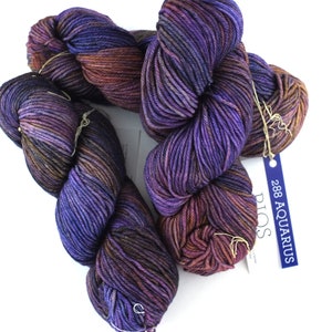 Malabrigo Rios in color Aquarius, Merino Wool Worsted Weight Superwash Knitting Yarn, purple, brown, #288