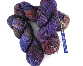 Malabrigo Rios in color Aquarius, Merino Wool Worsted Weight Superwash Knitting Yarn, purple, brown, #288