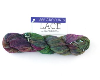 Malabrigo Lace in color Arco Iris, Lace Weight Merino Wool Knitting Yarn, raspberry, rose, green, #866