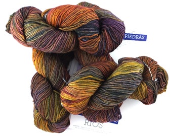 Malabrigo Rios in color Piedras, Merino Wool Worsted Weight Superwash Knitting Yarn, rust, sunset, purple, #862