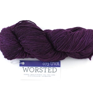 Malabrigo Worsted in color Uva, #073, Merino Wool Aran Weight Knitting Yarn, dark grape purple